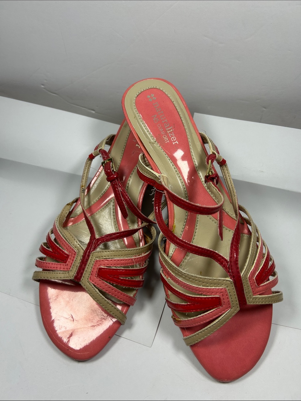 Naturalizer Coral and Beige Strappy Slide Sandals